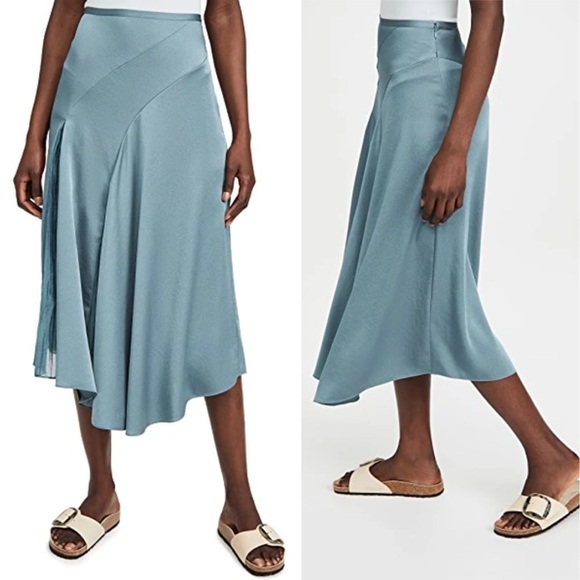 Vince Satin Midi Skirt 4 Pleated Mixed Media Asymmetrical - Picture 16 of 16